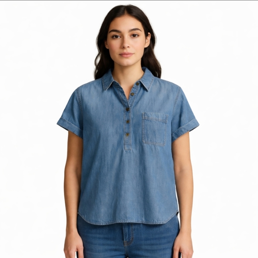 ANA Blue Denim Southwestern Blouse Sz L
